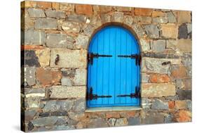Vintage Window with Blue close Shutters, Crete, Greece.-felker-Stretched Canvas
