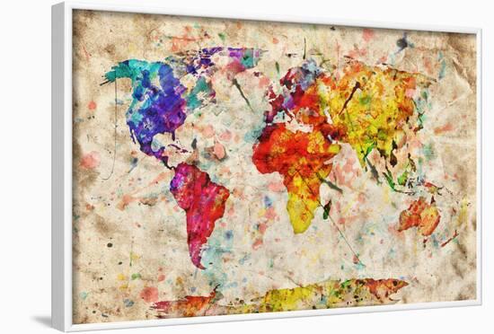 Vintage World Map. Colorful Paint, Watercolor, Retro Style Expression on Grunge, Old Paper.-Michal Bednarek-Framed Art Print