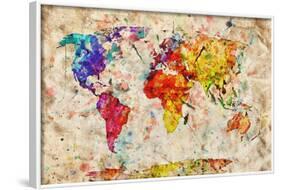 Vintage World Map. Colorful Paint, Watercolor, Retro Style Expression on Grunge, Old Paper.-Michal Bednarek-Framed Art Print