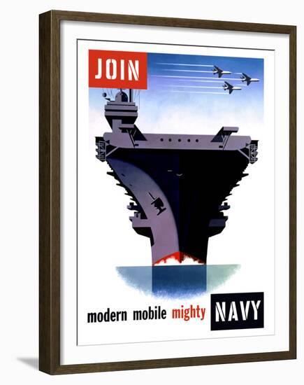 Vintage World War II Poster of An Aircraft Carrier with Three Planes Flying Overhead-Stocktrek Images-Framed Premium Photographic Print