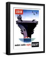 Vintage World War II Poster of An Aircraft Carrier with Three Planes Flying Overhead-Stocktrek Images-Framed Photographic Print