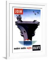 Vintage World War II Poster of An Aircraft Carrier with Three Planes Flying Overhead-Stocktrek Images-Framed Photographic Print