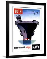 Vintage World War II Poster of An Aircraft Carrier with Three Planes Flying Overhead-Stocktrek Images-Framed Photographic Print
