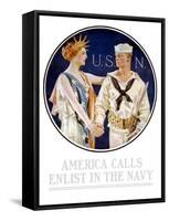 Vintage World War II Poster of Liberty Shaking Hands with a Sailor-Stocktrek Images-Framed Stretched Canvas