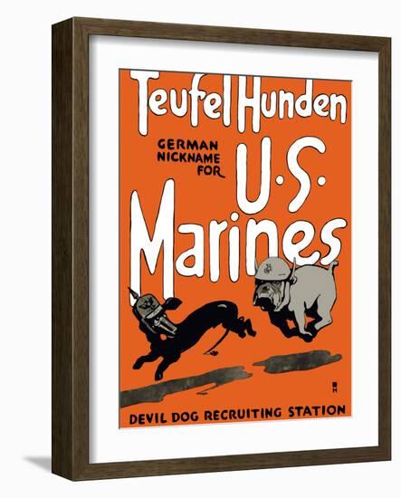 Vintage World War One Poster of a Marine Corps Bulldog Chasing a German Dachshund-Stocktrek Images-Framed Photographic Print