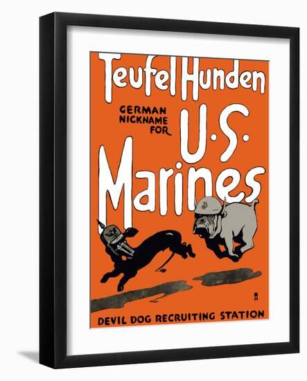 Vintage World War One Poster of a Marine Corps Bulldog Chasing a German Dachshund-Stocktrek Images-Framed Photographic Print