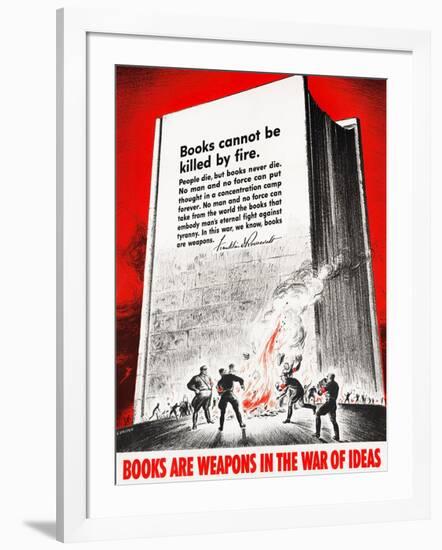 Vintage WWII propaganda poster of German soldiers burning books in front of a giant book.-Vernon Lewis Gallery-Framed Art Print