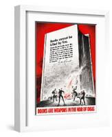 Vintage WWII propaganda poster of German soldiers burning books in front of a giant book.-Vernon Lewis Gallery-Framed Art Print
