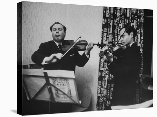 Violinist Isaac Stern Playing at Party with Violinist Leonid Kogan-Carl Mydans-Stretched Canvas