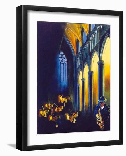 Violins and church-Pol Ledent-Framed Art Print