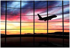 Airport Window with Airplane Flying at Sunset-viperagp-Photographic Print