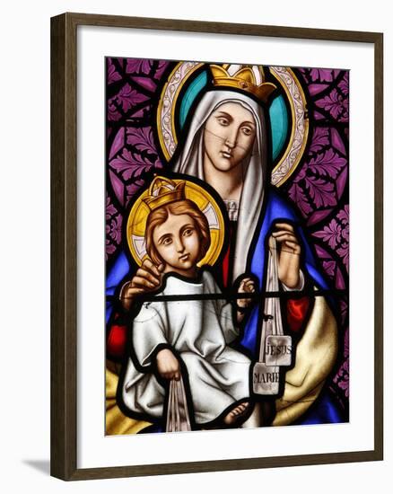 Virgin and Child on Mount Carmel, Stained Glass in Pont L'Abbe Church, Brittany, France-null-Framed Photographic Print