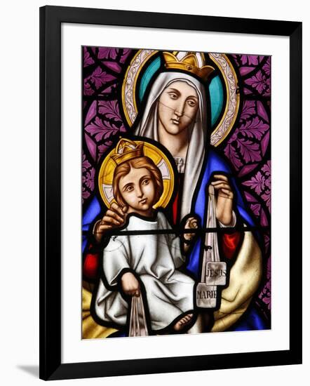 Virgin and Child on Mount Carmel, Stained Glass in Pont L'Abbe Church, Brittany, France-null-Framed Photographic Print