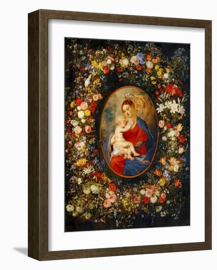 Virgin and Child with Angels Amonst a Garland of Flowers, Medaillon Rubens-Jan Brueghel the Elder-Framed Giclee Print