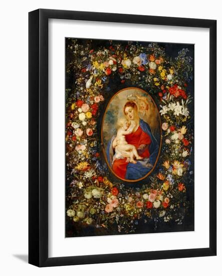 Virgin and Child with Angels Amonst a Garland of Flowers, Medaillon Rubens-Jan Brueghel the Elder-Framed Giclee Print