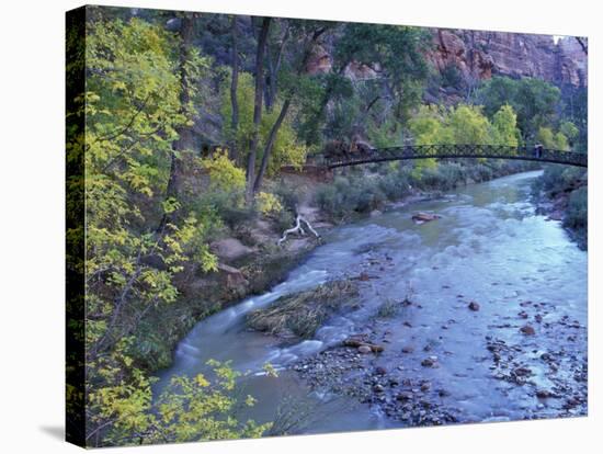 Virgin River and Couple on the Footbridge, Zion National Park, Utah, USA-null-Stretched Canvas