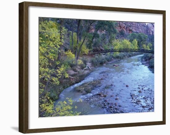 Virgin River and Couple on the Footbridge, Zion National Park, Utah, USA-null-Framed Photographic Print