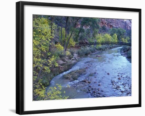 Virgin River and Couple on the Footbridge, Zion National Park, Utah, USA-null-Framed Photographic Print