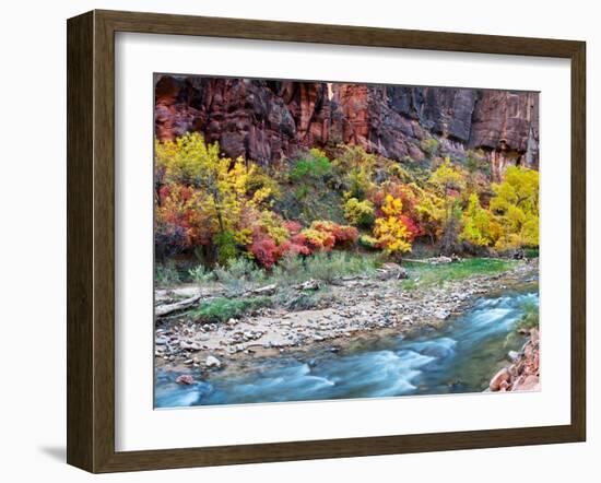 Virgin River and Rock Face at Big Bend, Zion National Park, Springdale, Utah, USA-null-Framed Photographic Print