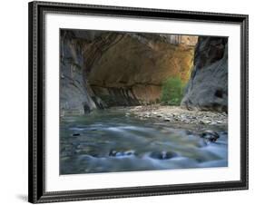 Virgin River Flows Beneath Overhanging Cliff in the Zion National Park in Utah, USA-null-Framed Photographic Print