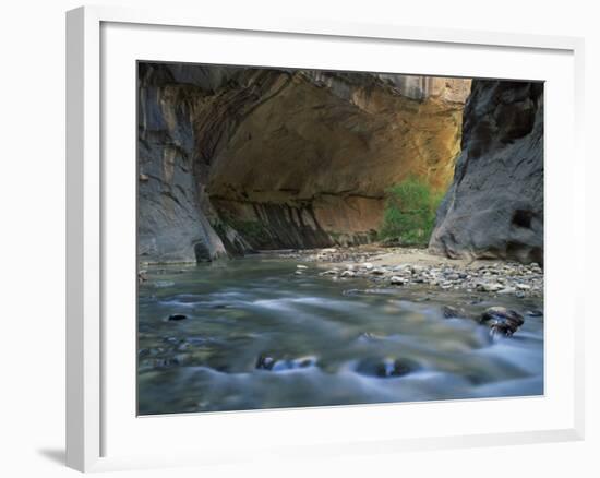 Virgin River Flows Beneath Overhanging Cliff in the Zion National Park in Utah, USA-null-Framed Photographic Print