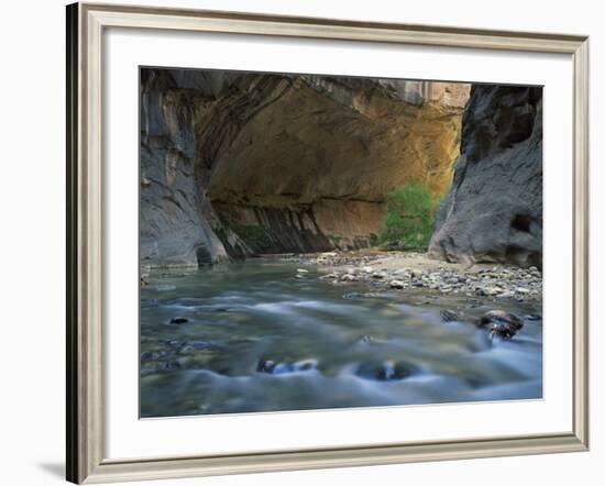 Virgin River Flows Beneath Overhanging Cliff in the Zion National Park in Utah, USA-null-Framed Photographic Print