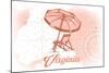 Virginia - Beach Chair and Umbrella - Coral - Coastal Icon-Lantern Press-Mounted Art Print
