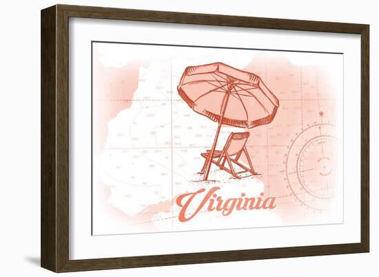 Virginia - Beach Chair and Umbrella - Coral - Coastal Icon-Lantern Press-Framed Art Print