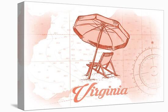 Virginia - Beach Chair and Umbrella - Coral - Coastal Icon-Lantern Press-Stretched Canvas