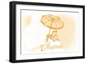 Virginia - Beach Chair and Umbrella - Yellow - Coastal Icon-Lantern Press-Framed Art Print