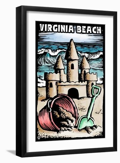 Virginia Beach, Virginia - Sandcastle - Scratchboard-Lantern Press-Framed Art Print