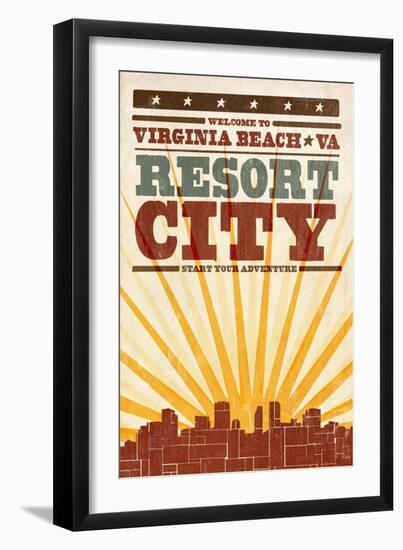 Virginia Beach, Virginia - Skyline and Sunburst Screenprint Style-Lantern Press-Framed Art Print