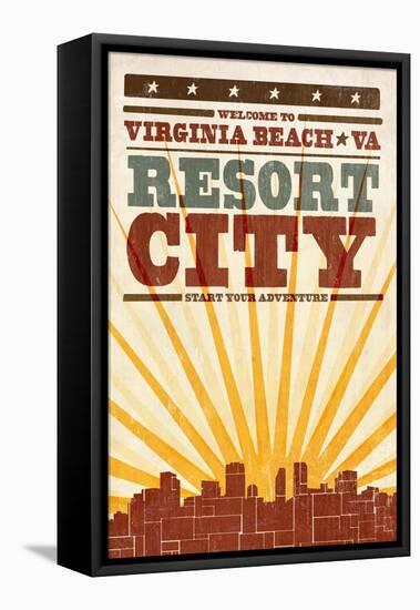 Virginia Beach, Virginia - Skyline and Sunburst Screenprint Style-Lantern Press-Framed Stretched Canvas