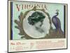 Virginia Brand Cigar Box Label, Peacock with Feathers-Lantern Press-Mounted Art Print