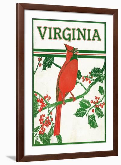 Virginia - Cardinal Perched on a Holly Branch-Lantern Press-Framed Art Print
