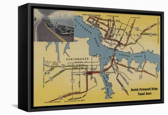 Virginia - Detailed Map of Norfolk-Portsmouth Bridge Tunnel-Lantern Press-Framed Stretched Canvas