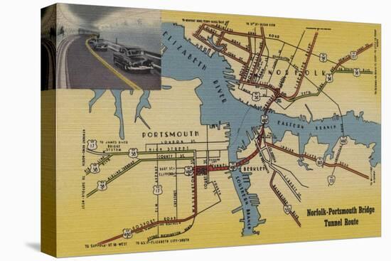 Virginia - Detailed Map of Norfolk-Portsmouth Bridge Tunnel-Lantern Press-Stretched Canvas