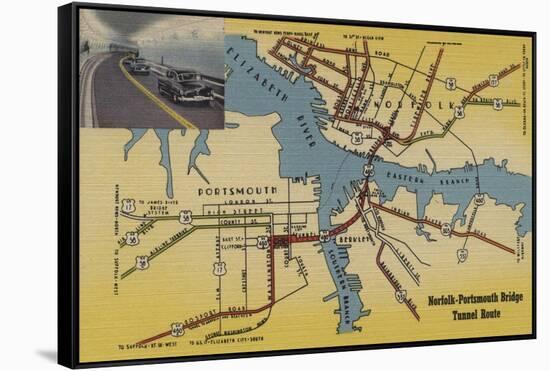 Virginia - Detailed Map of Norfolk-Portsmouth Bridge Tunnel-Lantern Press-Framed Stretched Canvas