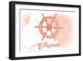 Virginia - Ship Wheel - Coral - Coastal Icon-Lantern Press-Framed Art Print