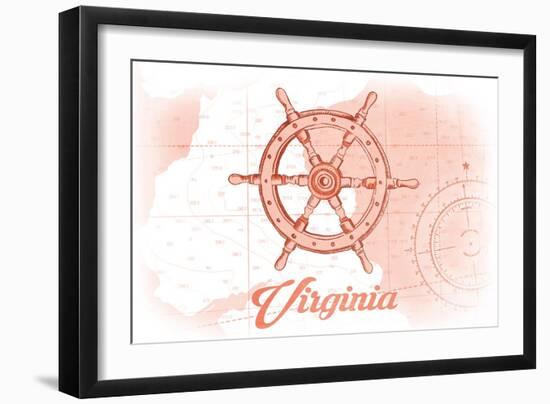 Virginia - Ship Wheel - Coral - Coastal Icon-Lantern Press-Framed Art Print