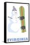Virginia, Snowman with Snowboard-Lantern Press-Framed Stretched Canvas