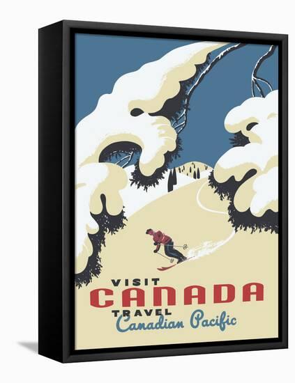 Visit Canada - Skiing - Travel Canadian Pacific, Vintage Railroad Travel Poster, 1955-Roger Couillard-Framed Stretched Canvas