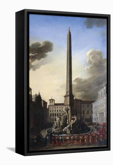 Visit of Pope Innocent X to Fountain of Rivers at Piazza Navona, Circa 1651-Filippo Gagliardi-Framed Stretched Canvas