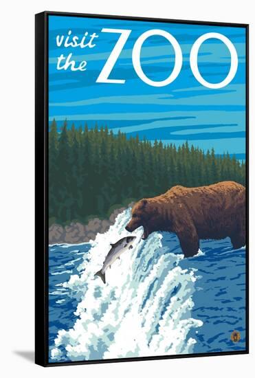 Visit the Zoo, Bear Fishing-Lantern Press-Framed Stretched Canvas