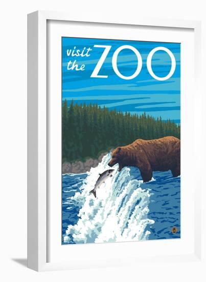 Visit the Zoo, Bear Fishing-Lantern Press-Framed Art Print