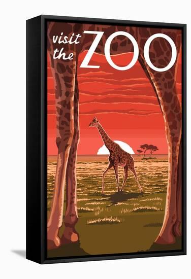 Visit the Zoo, Giraffe Scene-Lantern Press-Framed Stretched Canvas
