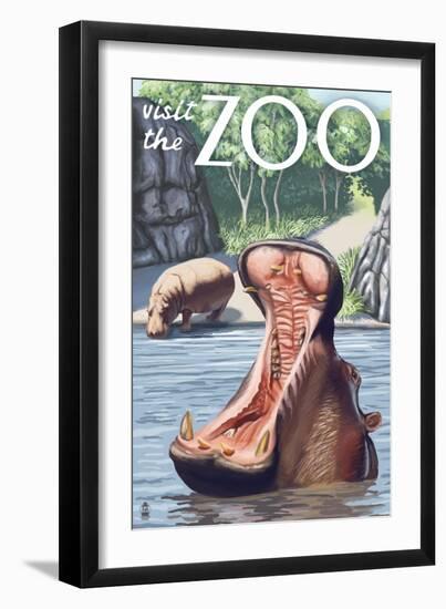 Visit the Zoo, Hippo Scene-Lantern Press-Framed Art Print