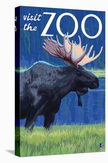 Visit the Zoo, Moose in the Moonlight-Lantern Press-Stretched Canvas