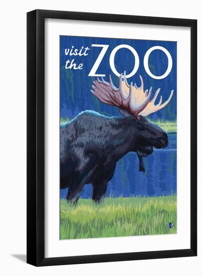 Visit the Zoo, Moose in the Moonlight-Lantern Press-Framed Art Print