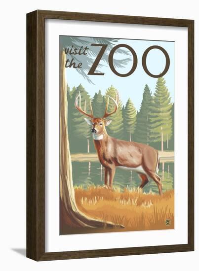 Visit the Zoo, White Tailed Deer Scene-Lantern Press-Framed Art Print